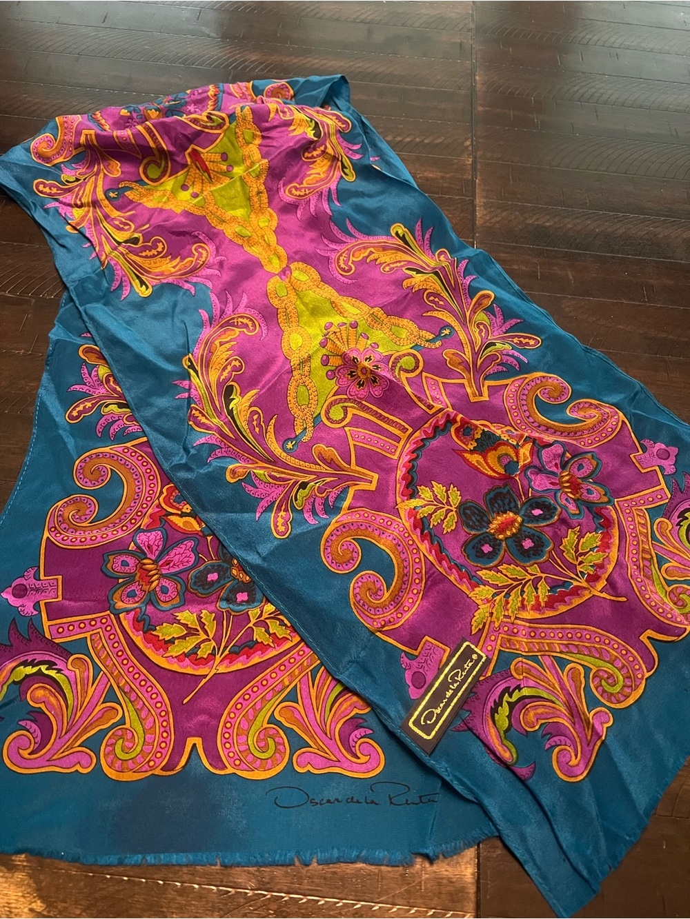 Oscar de la Renta Teal, Magenta & Yellow Silk Scarf